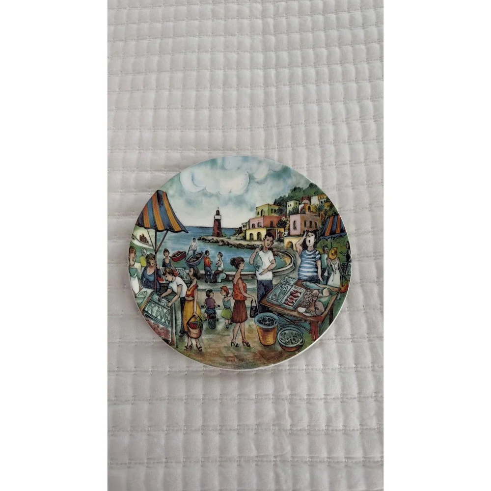 Vintage Effetti d'Arte Italy Ceramic Coastal Market Scene‎ Plate 8